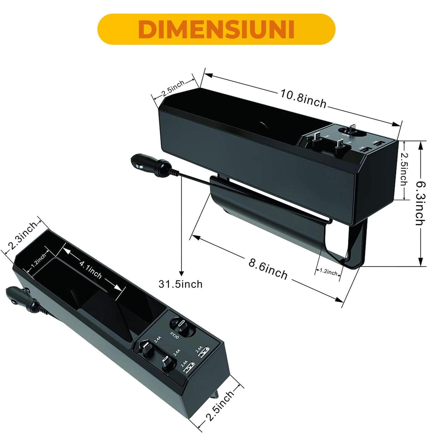 Organizator masina Timebox, Cablu integrat USB-C, Lightning, Micro-USB, Negru