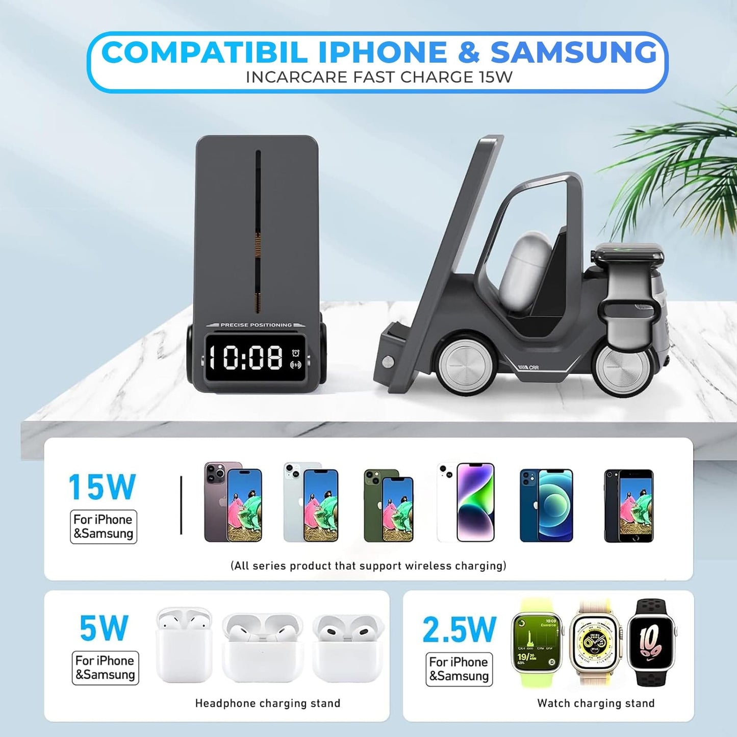 Incarcator Wireless 3 in 1 Timebox, 15W, multifunctional, Samsung, Airpods, Gri