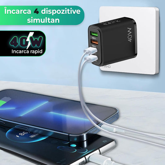 Incarcator Retea Timebox, 4 Porturi, 40W, 2 x Type-C, 2 x USB, Negru