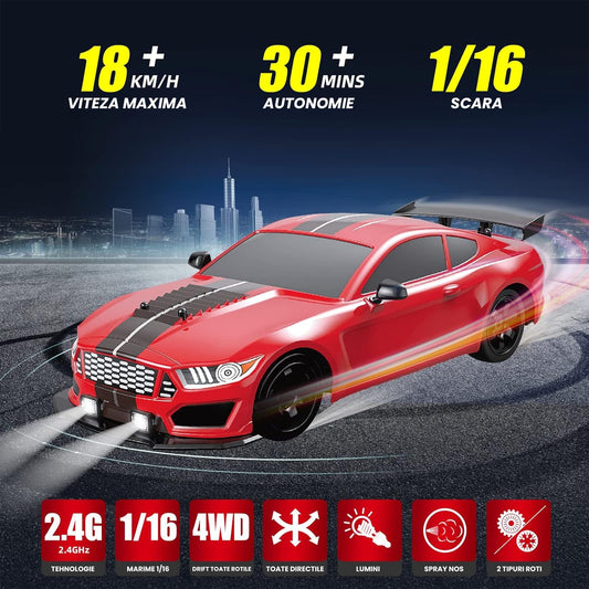 Masina cu telecomanda RC Timebox, 20km/h, 1:16, Drift car, lumini LED, Negru