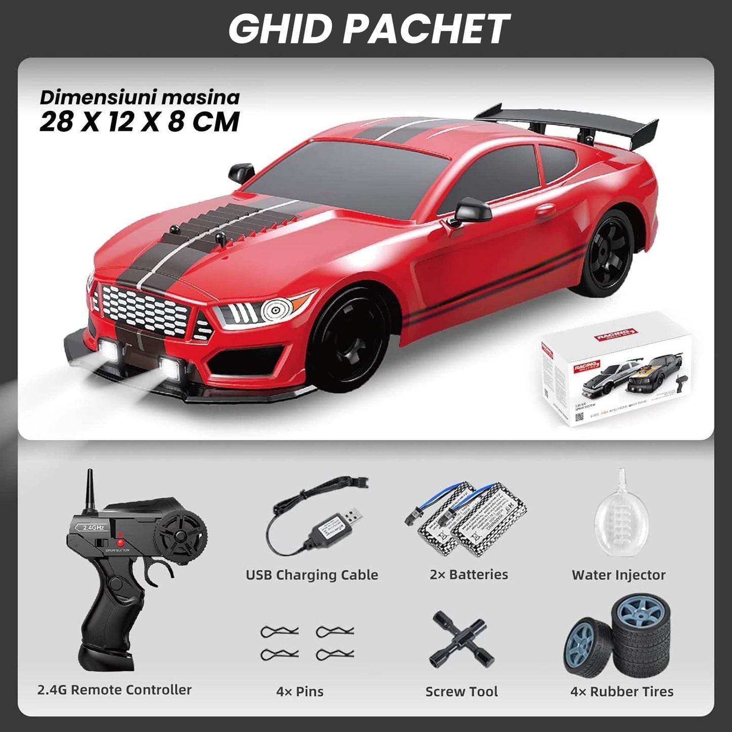 Masina cu telecomanda RC Timebox, 20km/h, 1:16, Drift car, lumini LED, Negru