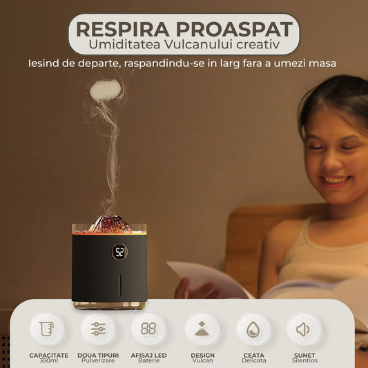 Difuzor de ulei esential, Aromaterapie tip Vulcan, Capacitate 350ml, Negru