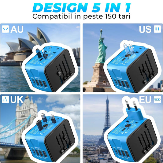 Adaptor incarcator universal priza de calatorie Timebox, 3 x USB, 1 x Type-C, Albastru