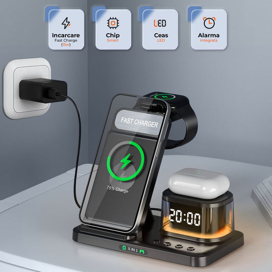 Incarcator Wireless 5 in 1 Timebox, 15W, cu ceas si lumina de veghe, Negru