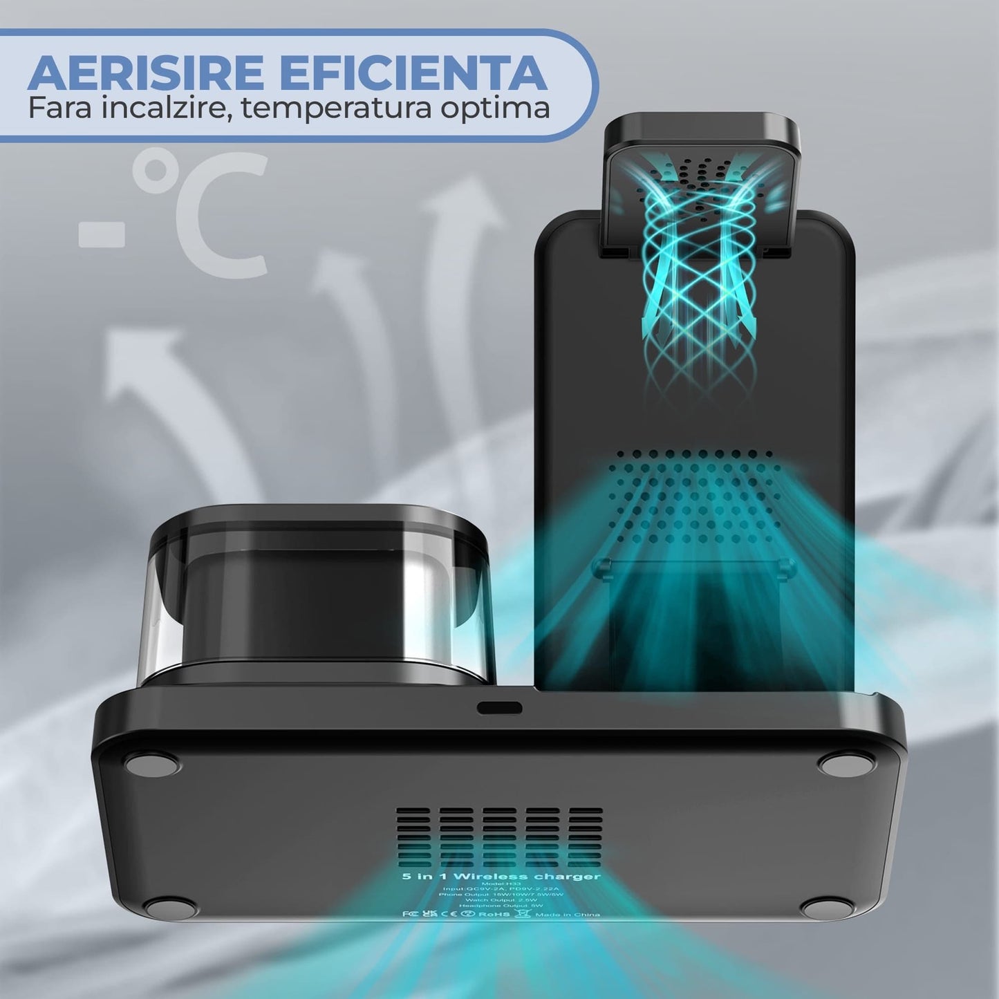 Incarcator Wireless 5 in 1 Timebox, 15W, cu ceas si lumina de veghe, Negru