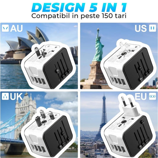 Adaptor incarcator universal priza de calatorie Timebox, 3 x USB, 1 x Type-C, Alb