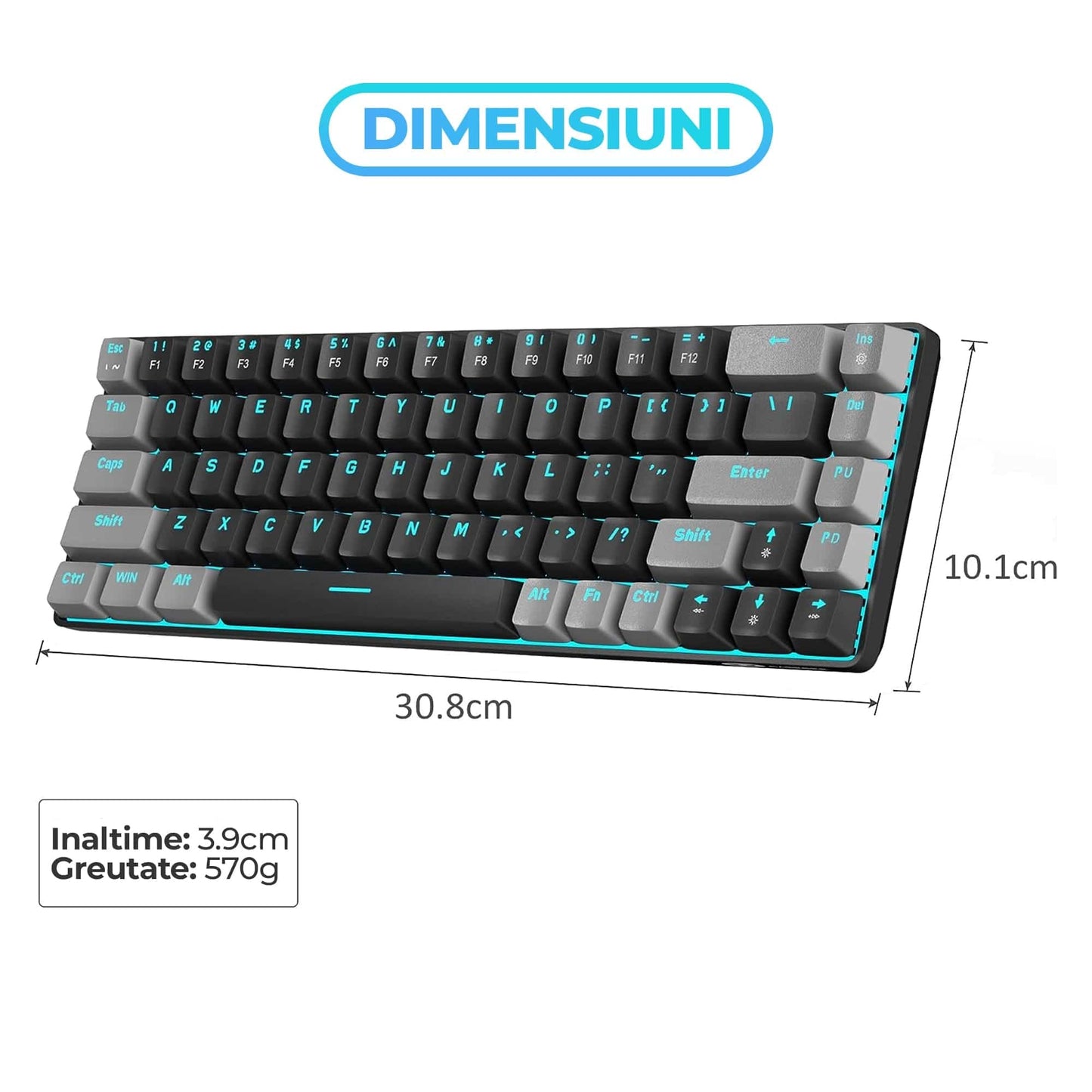 Tastatura Mecanica Gaming Timebox, Red Swtich, 60%, Lumini LED, Negru Gri