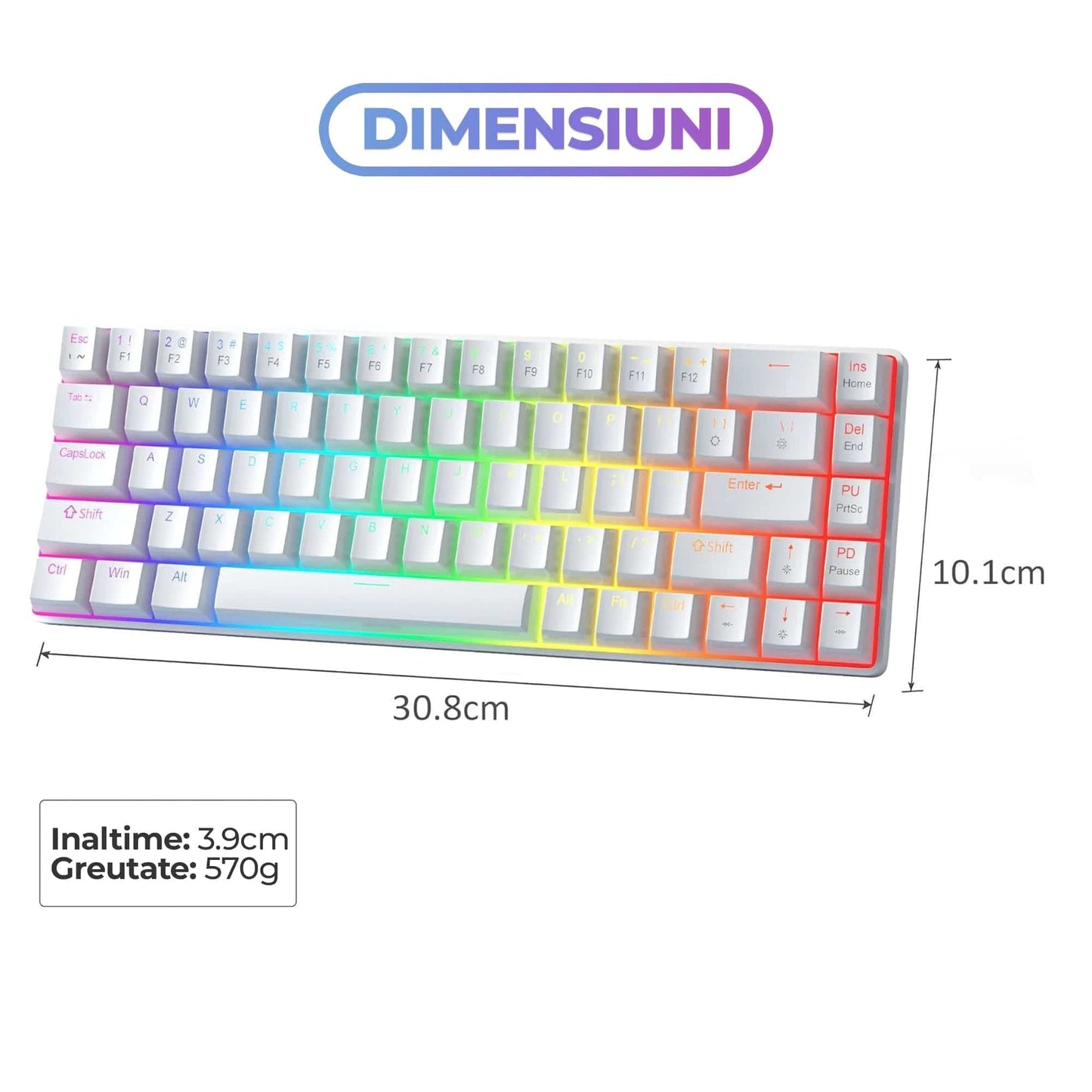 Tastatura Mecanica Gaming Timebox, Red Swtich, 60%, iluminare RGB, Alb