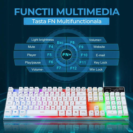 Kit Tastatura, Mouse Gaming RGB, 104 taste, 7 culori si moduri de iluminare, Alb