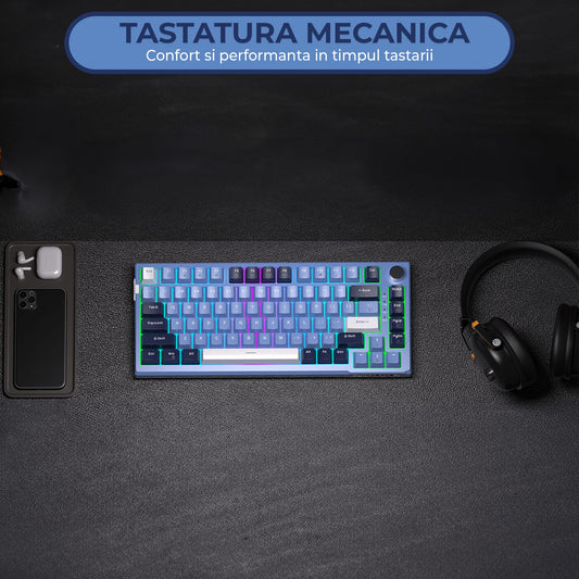 Tastatura Mecanica Gaming Timebox, Blue Switch, 75%, Hot-Swap, TKL, Albastru