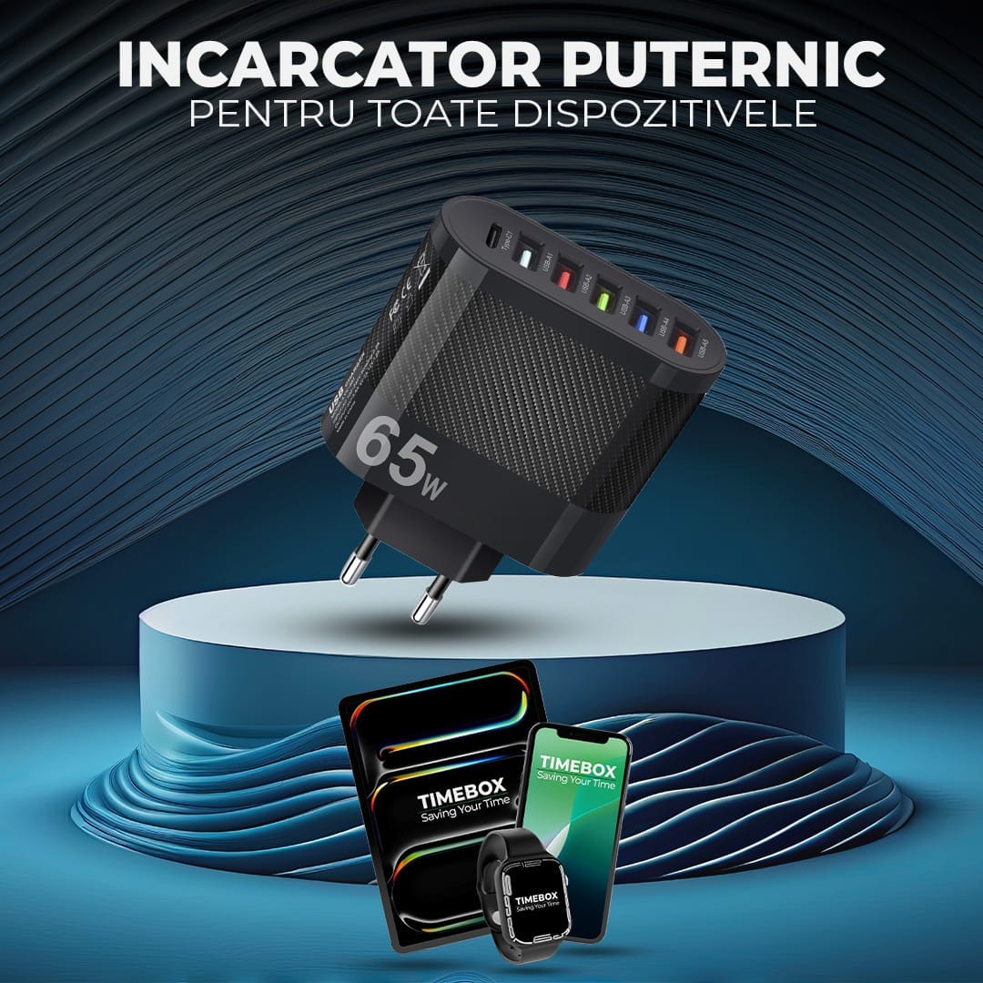 Incarcator Retea Timebox, 6 Porturi, 65W, 1 x Type-C, 5 x USB, Negru