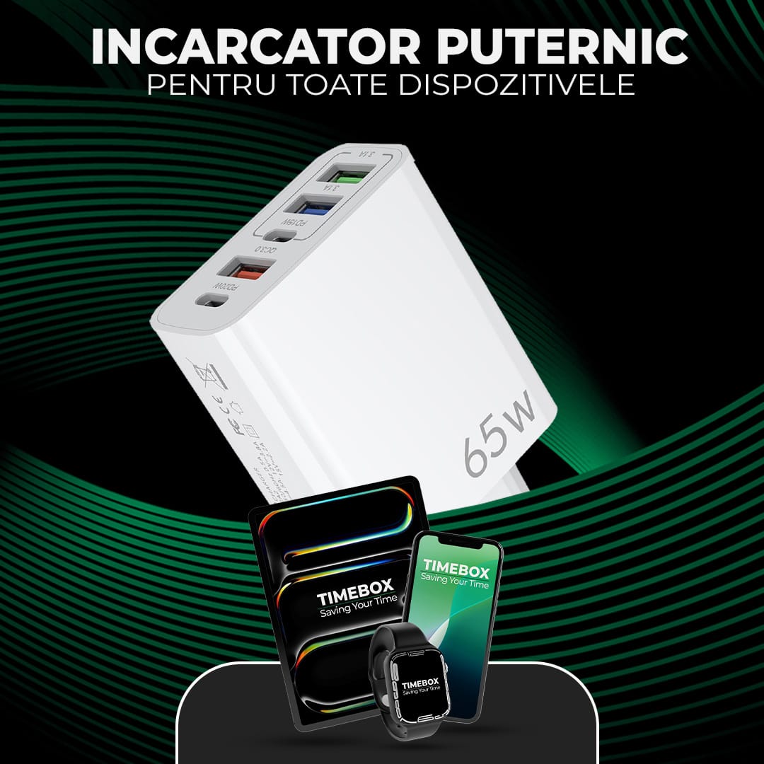 Incarcator Retea, Lightning la USB-C, 65W, 5 Porturi, 3 x USB, 2 x Type-C, Alb