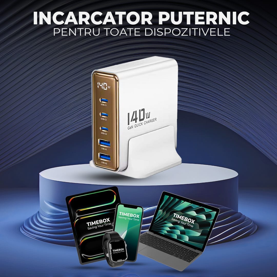 Incarcator Retea Timebox, 5 Porturi, 140W, 3 x Type-C, 2 x USB, Auriu