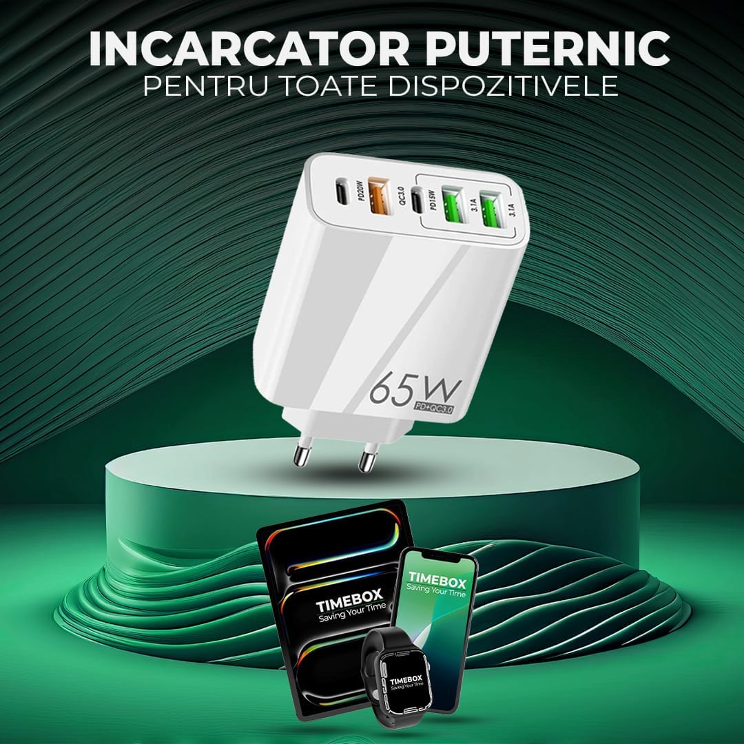 Incarcator Retea, 65W, 5 Porturi, 3 x USB, 2 x Type-C, Alb