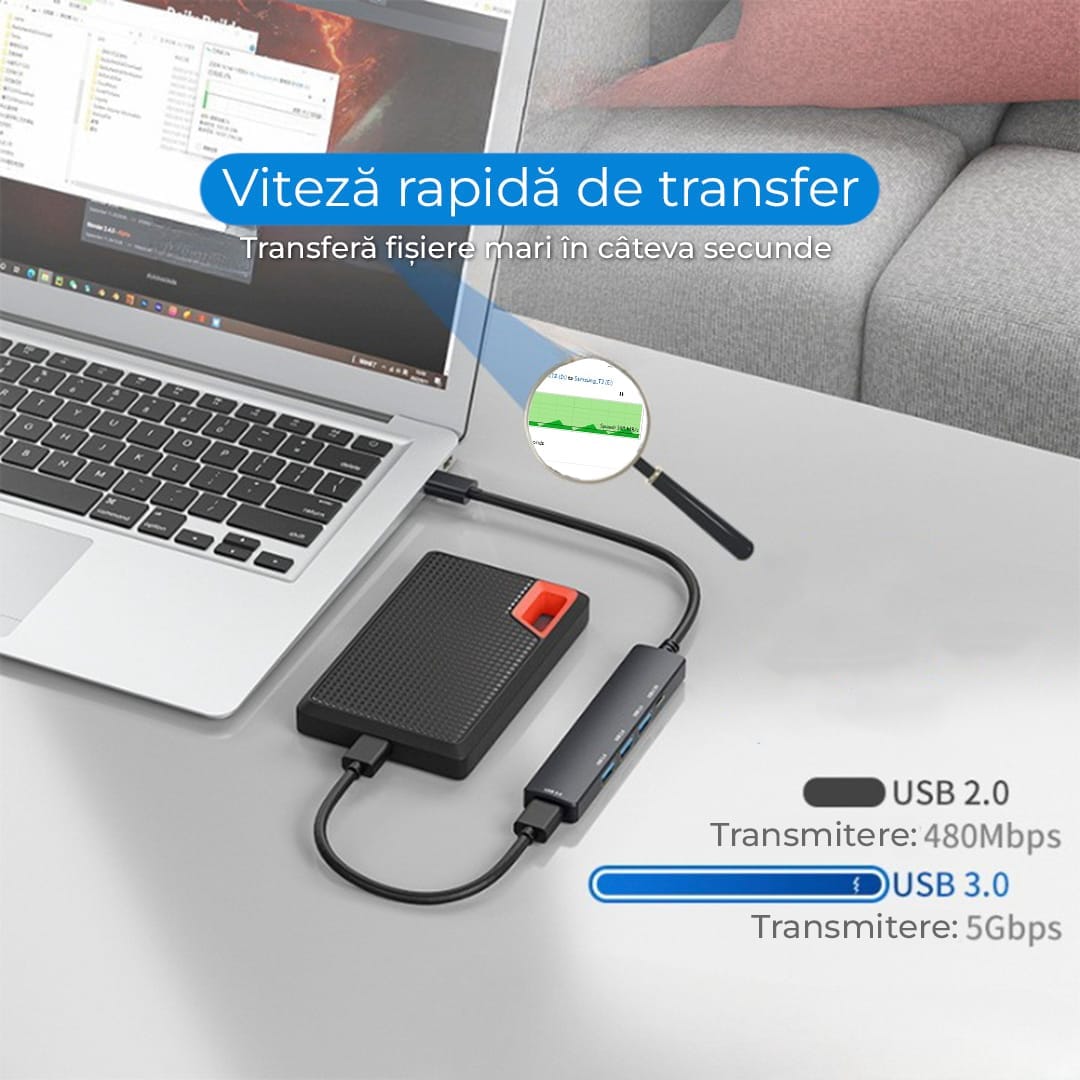 Hub USB 5 in 1 Tip C / USB 3, 480 Mbps, 5 Gbps, Aluminiu, Negru