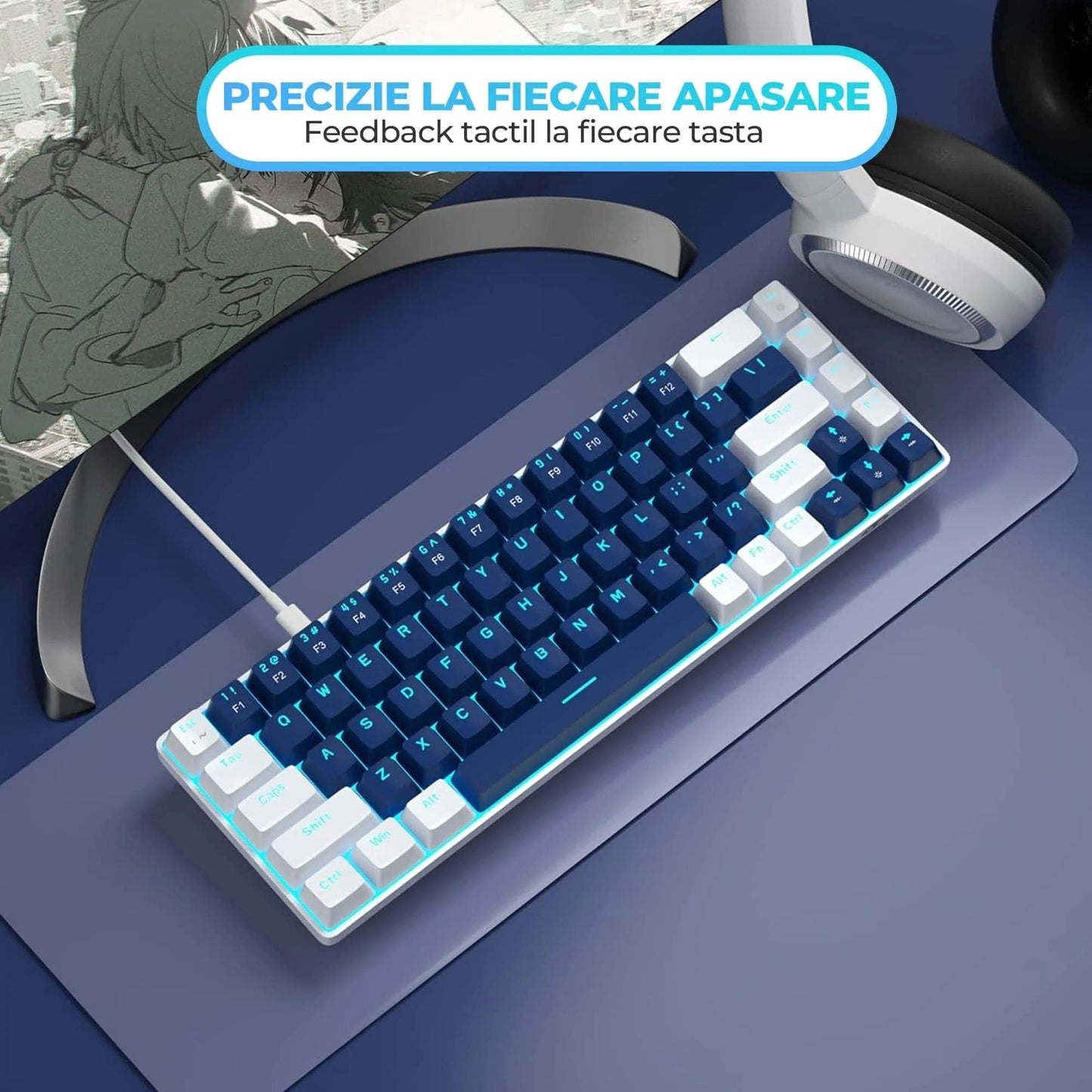 Pachet Gaming Timebox, Blue Switch, 60%, Wireless, ultrausor 95g, Albastru