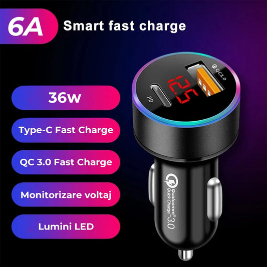 Incarcator auto, 36W, 1 x Type-C, 1 x USB , Quick Charger 3, Lumini LED, Negru