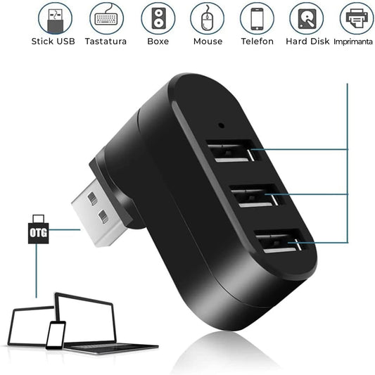 Hub USB extern 3 in 1, Adaptor cu 3 porturi, USB 3, Negru