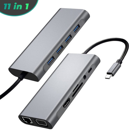 Hub USB 11 in 1, Type-C, Card Reader TF/SD, Port audio Jack 3, 5mm, VGA, Gri