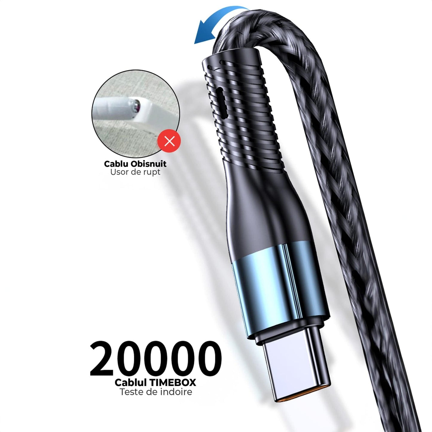 Cablu de date si incarcare Rapida Timebox, 3 in 1, 120W, Nailon, USB, Albastru
