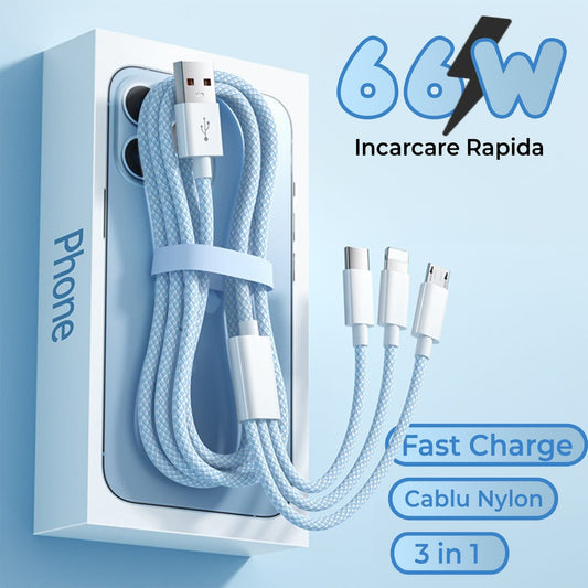 Cablu Date si Incarcare Rapida Timebox, 3 in 1, 66W, 1,2m, QC 3, USB, Albastru