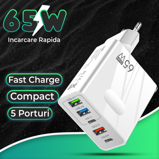 Incarcator Retea Timebox, 5 Porturi, 65W, 3 x USB, 2 x Type-C, QC 3, Alb