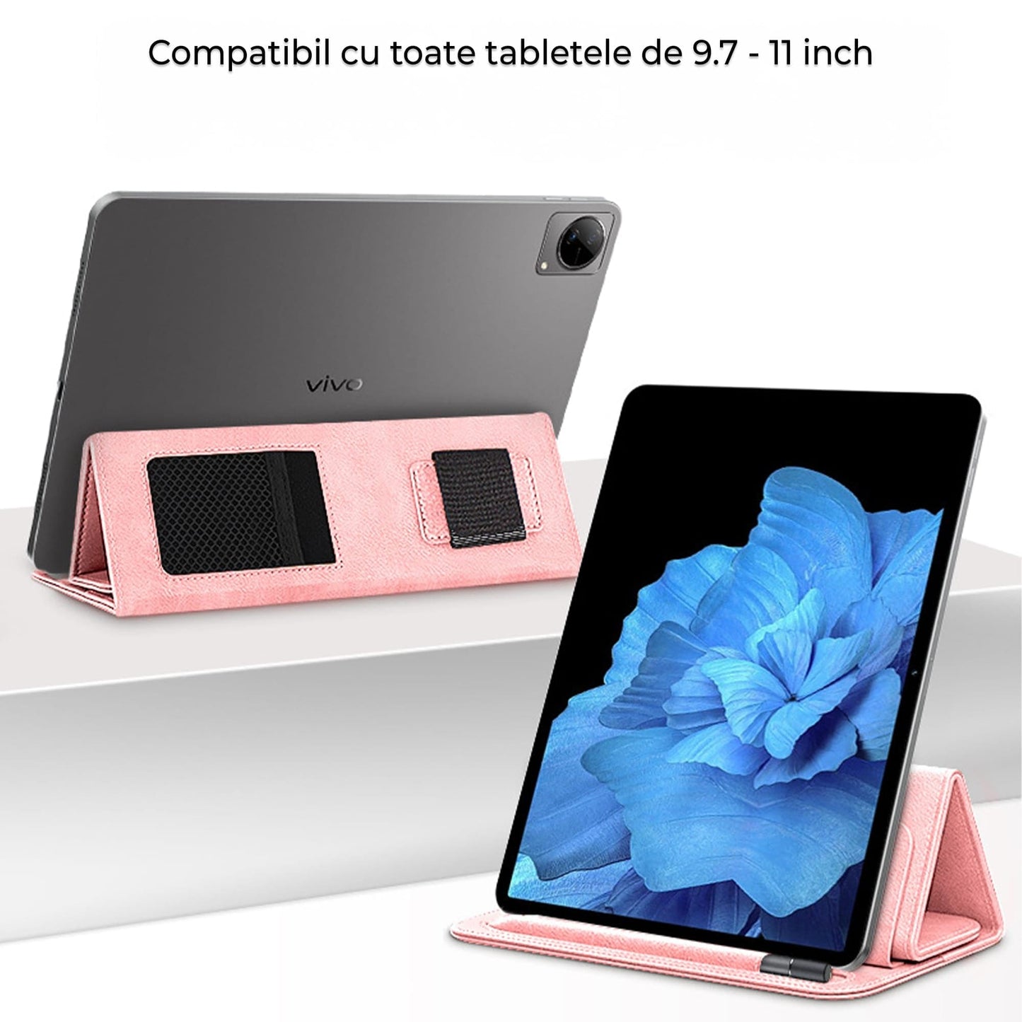 Husa pentru iPad 9 Timebox, 7"/10, 2"/10, 5"/11", cu suport pentru pix, Roz