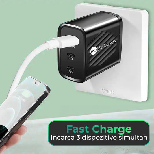 Incarcator Retea Timebox, 3 Porturi, 20W, 2 x Type-C, 1 x USB, LED, Negru