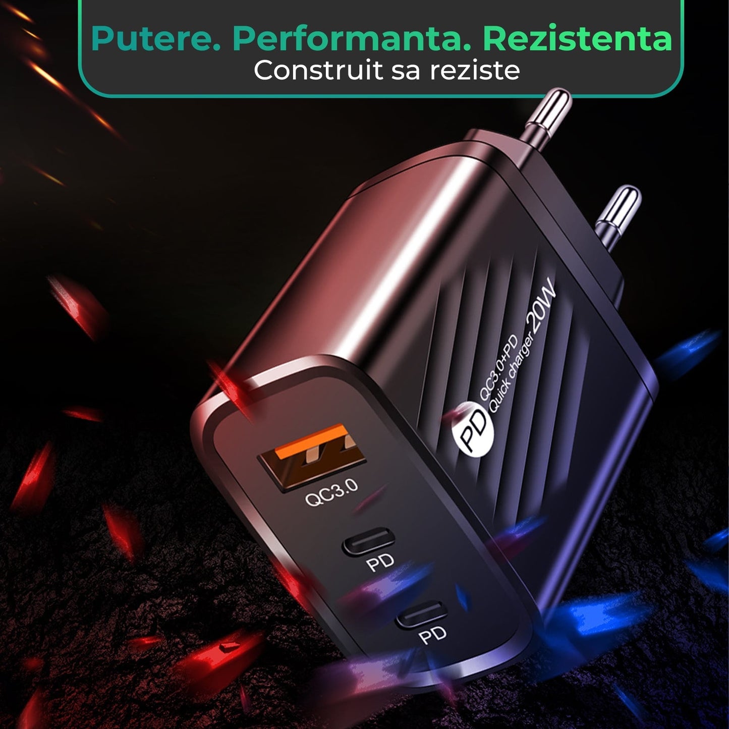 Incarcator Retea Timebox, 3 Porturi, 20W, 2 x Type-C, 1 x USB, LED, Negru