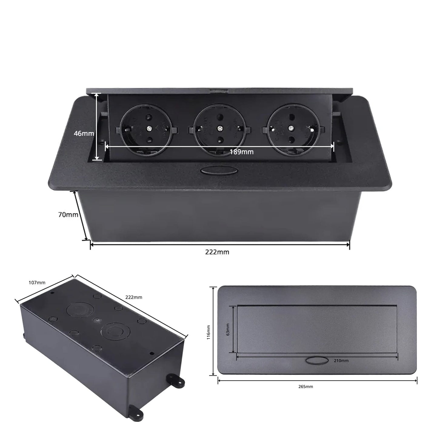 Priza incorporabila in mobilier Timebox, blat bucatarie, masa sau birou, Negru