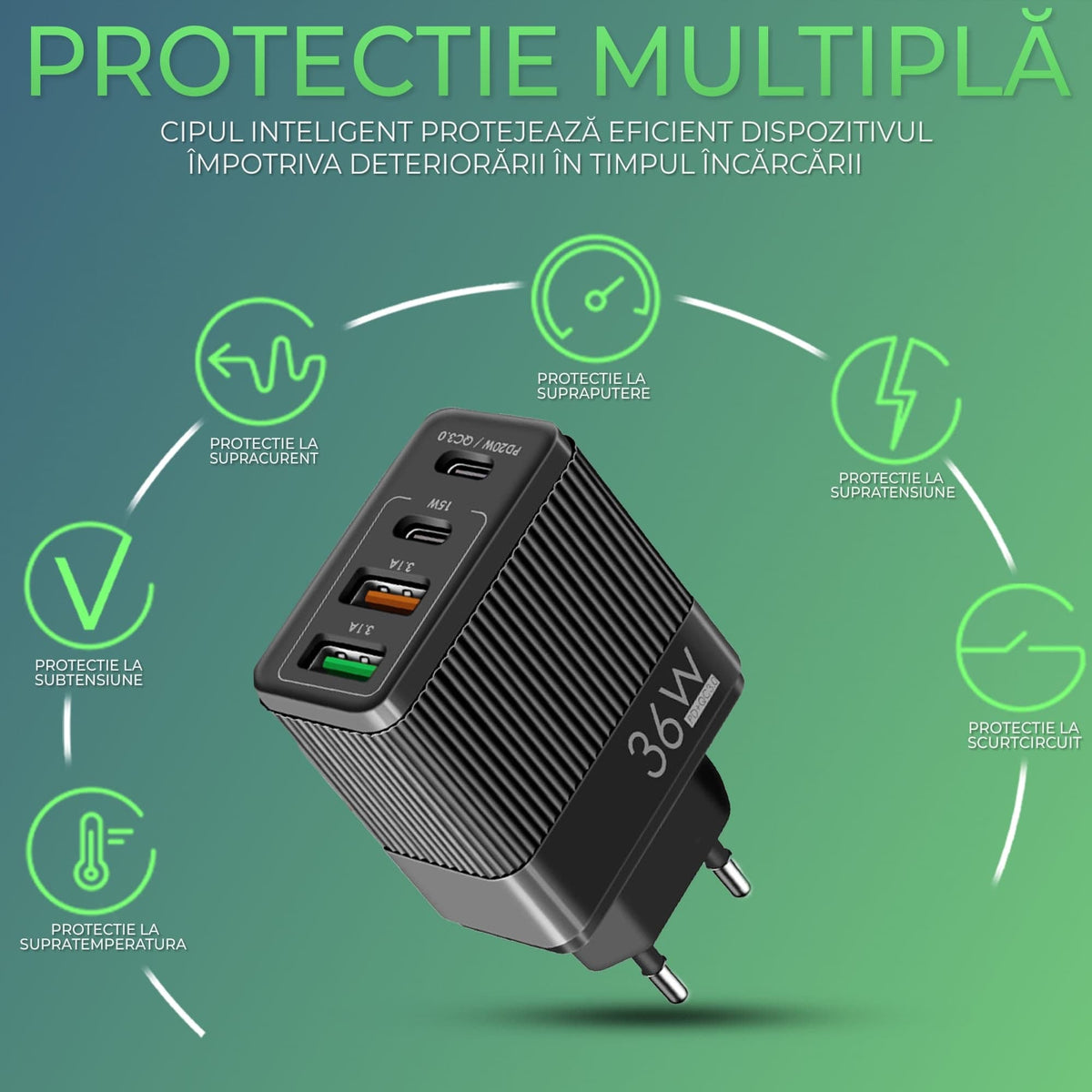 Incarcator Retea Timebox, 4 Porturi, 36W, 2 x Type-C, 2 x USB, Negru