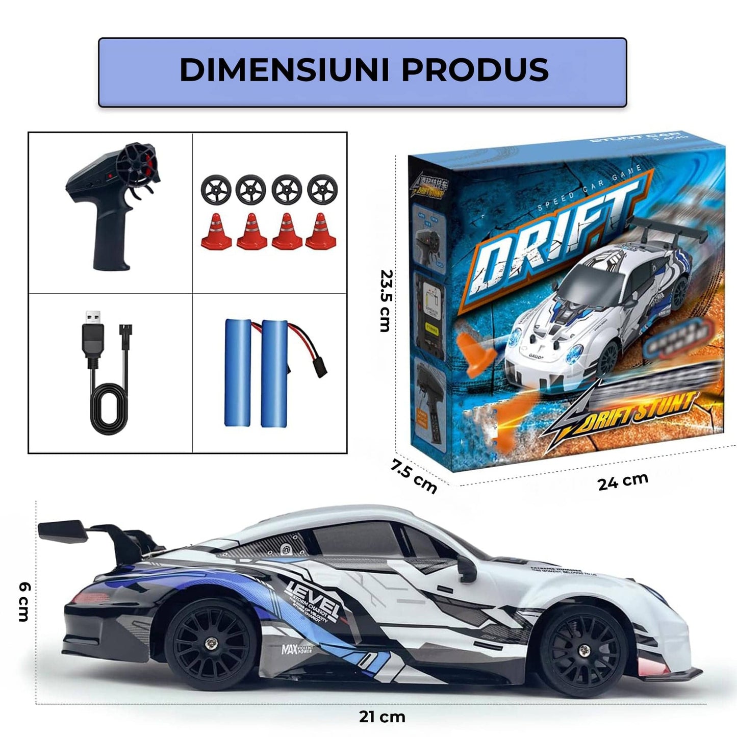 Masina RC cu Telecomanda Timebox, Drift Car 1:24, 4WD, 20km/h, LED-uri, Gri