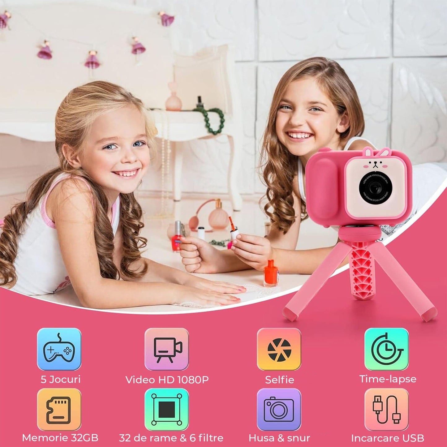 Camera Video Digitala pentru Copii cu Ecran Mare 2, Card 32GB, Roz
