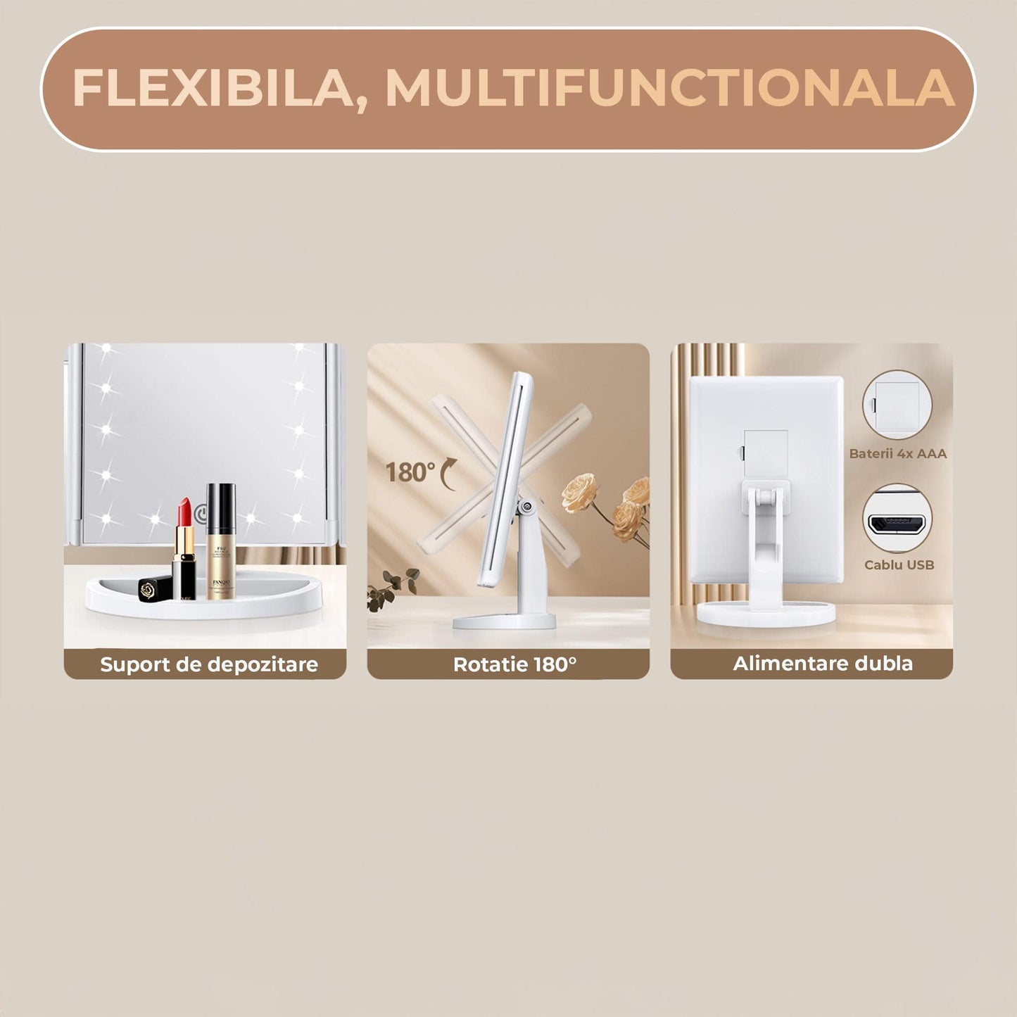 Oglinda Cosmetica cu Iluminare LED, 2X, 3X si 10X Marire, Alimentare USB sau Baterii