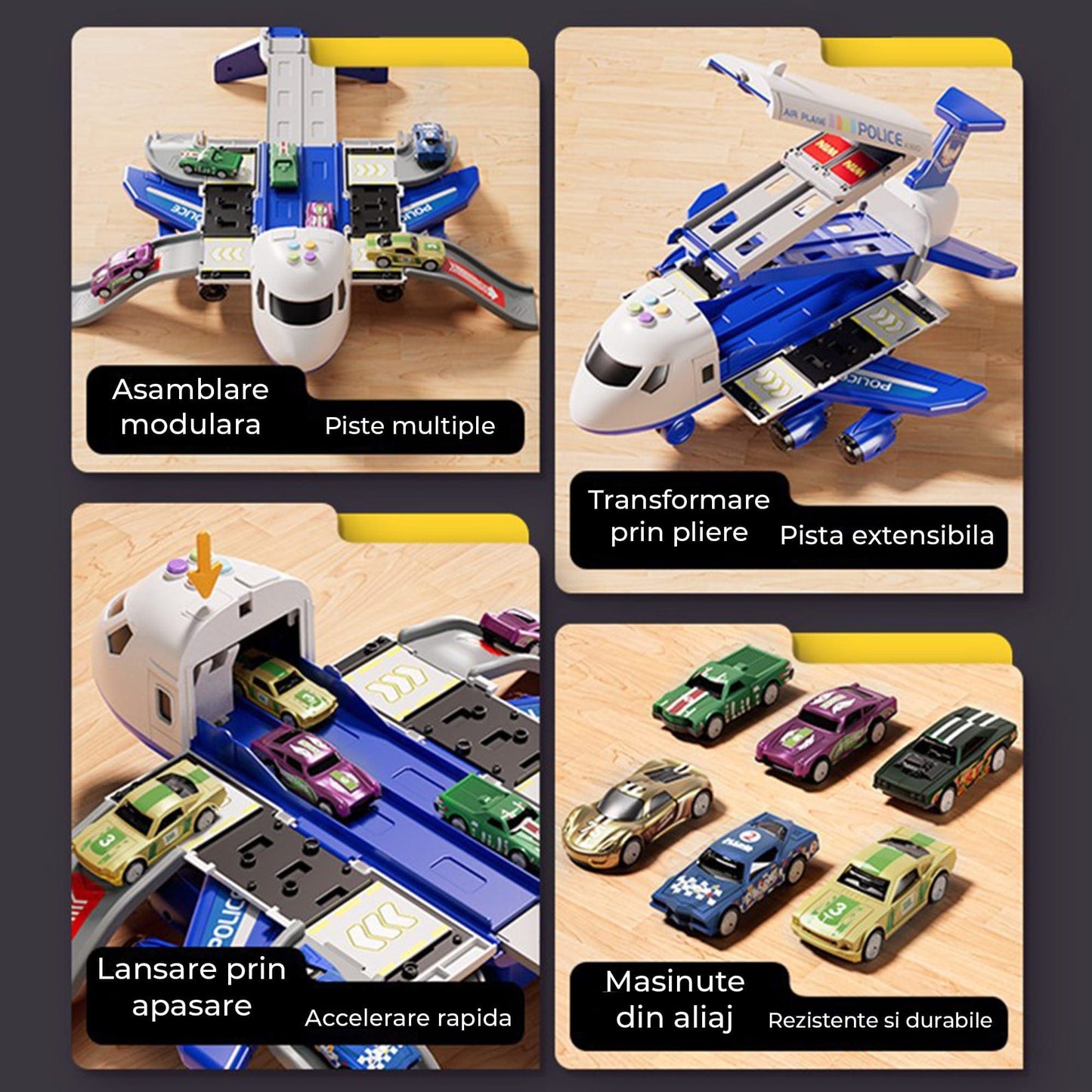 Set Jucarie Avion Transportator cu Masinute pentru copii, Albastru