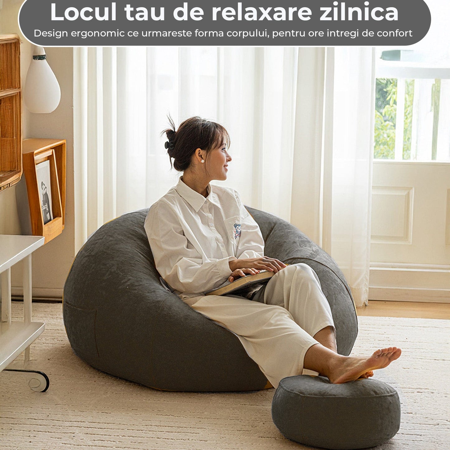 Fotoliu Puf Bean Bag din stofa, Multifunctional pentru living, Gri