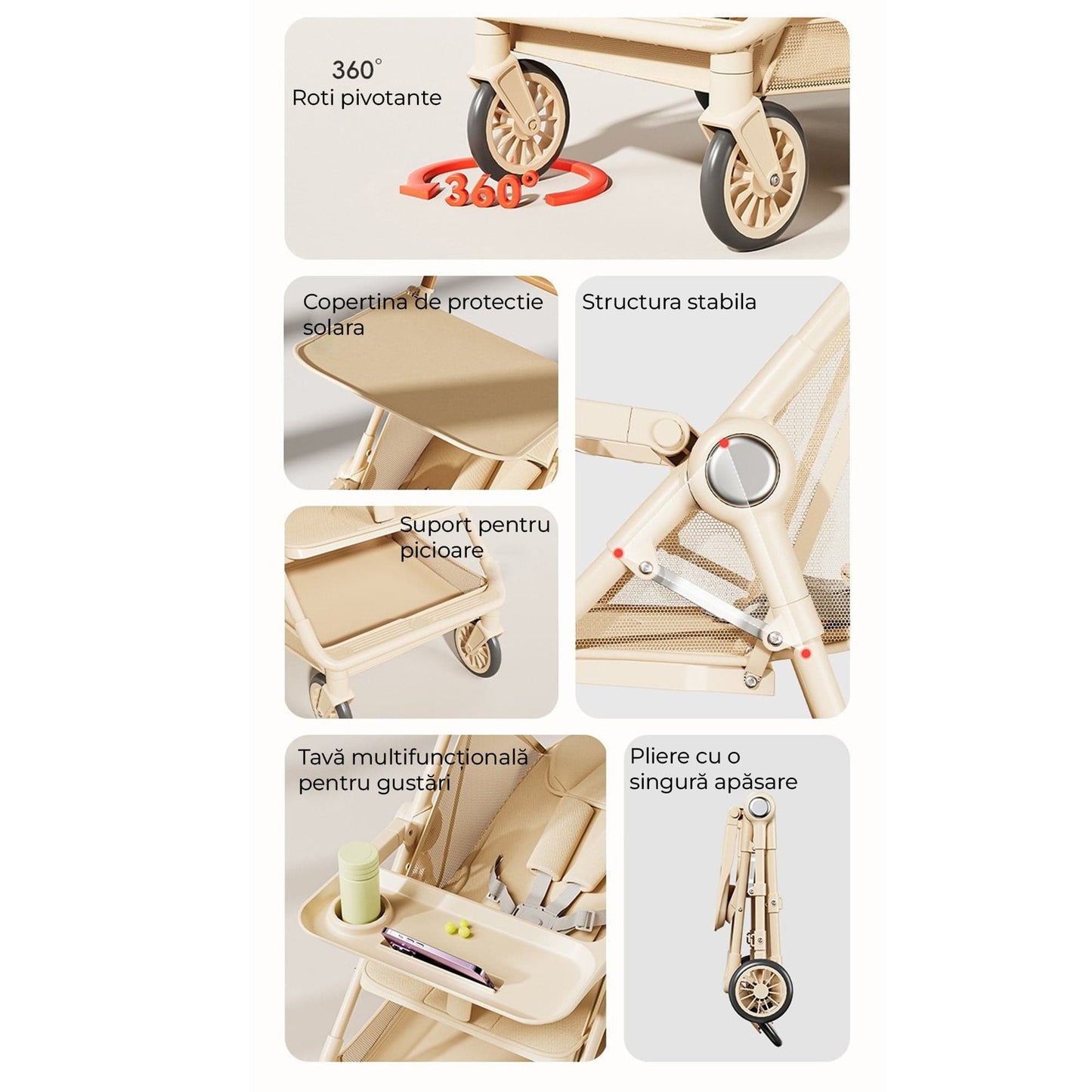 Carucior bebe pliabil, 4 roti 360°, Copertina solara, Bej