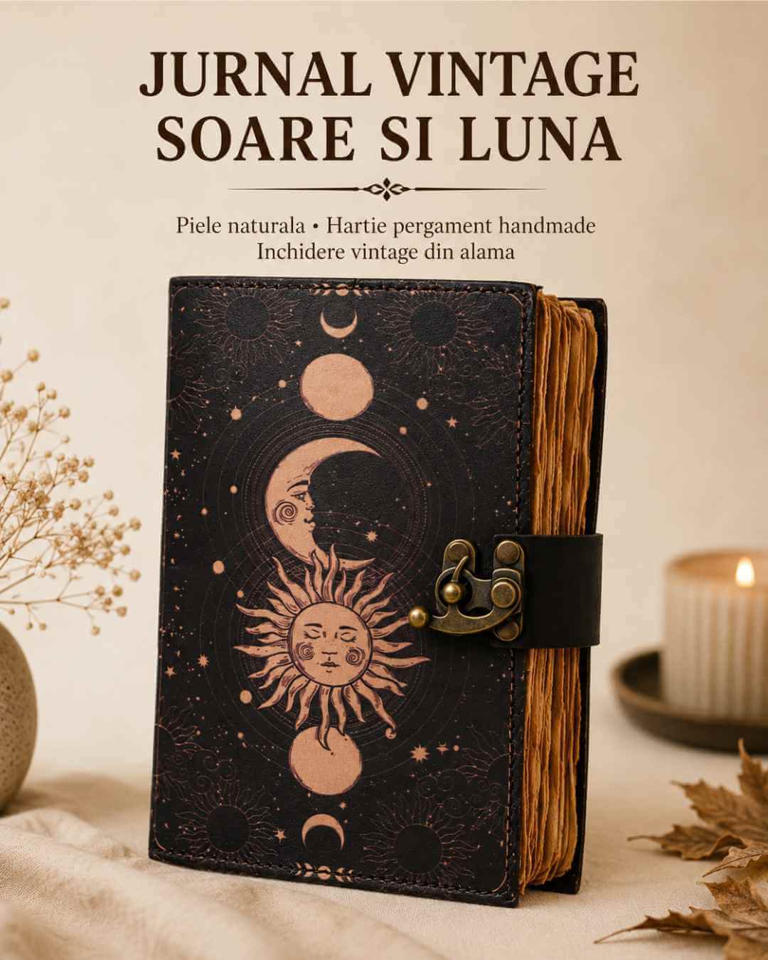 Jurnal Vintage din Piele cu Design Soare și Lună - Manual, cu Pagini de Hârtie Bumbac Galben 190-200 Pagini