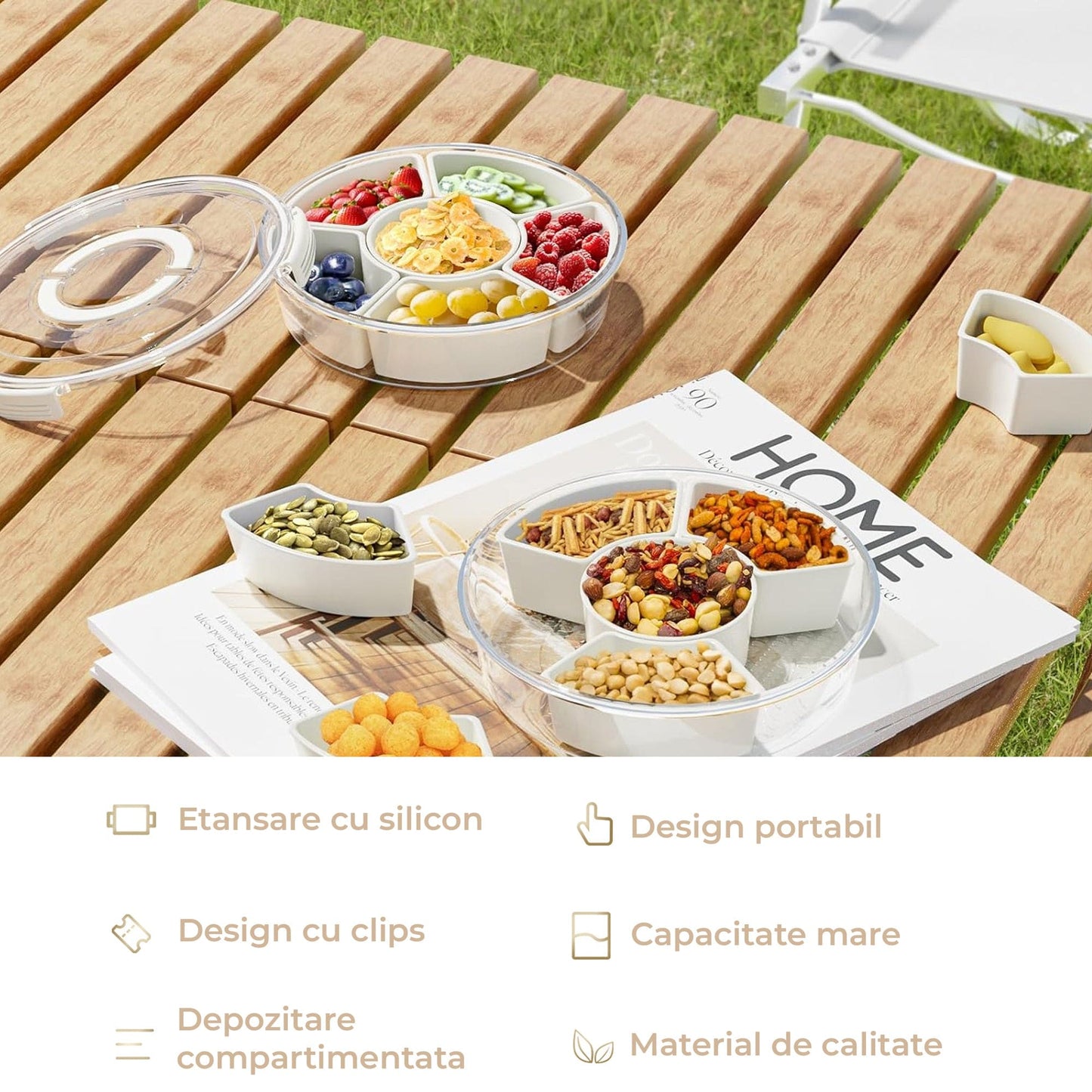 Cutie Alimentara Rotunda Mare 6 Compartimente, Model Rotativ, Bej