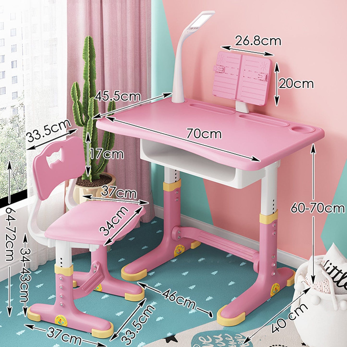 Set Birou Copii + Scaun, Reglabil 6-18 ani, Blat 70x45 cm, Roz