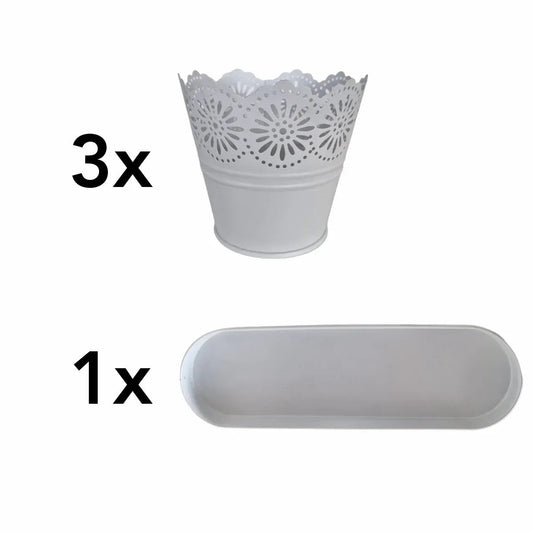 Set 3 ghivece cu tava, din metal, Naimeed D2603, Alb