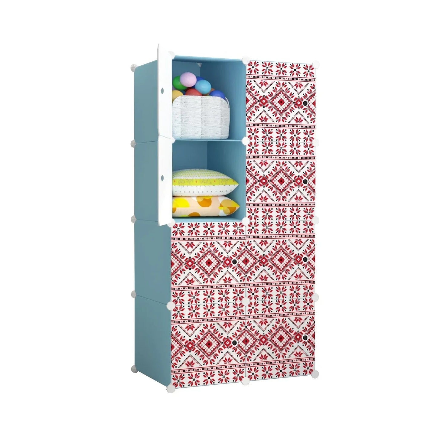 Dulap modular din plastic cu schelet metalic, imprimeu traditional, Naimeed D3423B, culoare Albastru, 148x75x37 cm