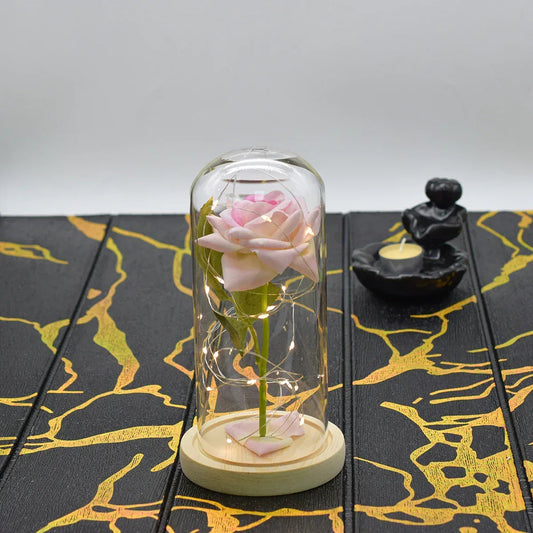 Aranjament floral in cupola de sticla, lumina Led, D4028, Roz pal