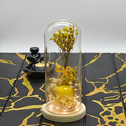 Aranjament floral in cupola de sticla, lumina Led, D4048, Galben