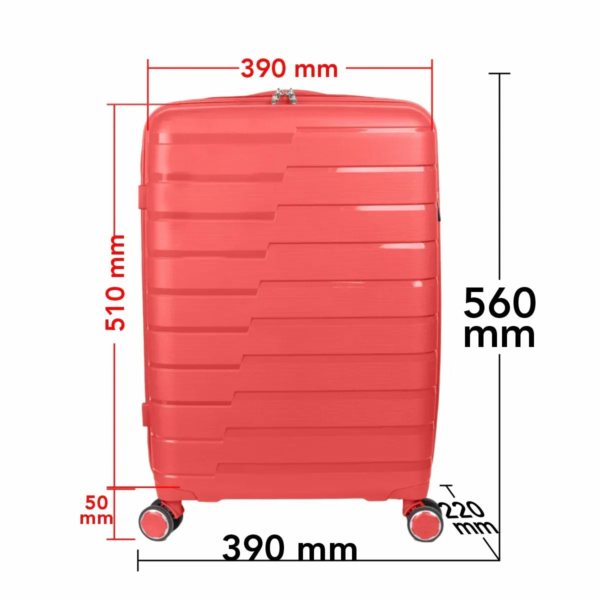 Troler voiaj Mediu M, StowAway, Naimeed D5964, 4 roti duble 360 grade detasabile , PP, inchidere cifru, Rosu, 39x22x51cm