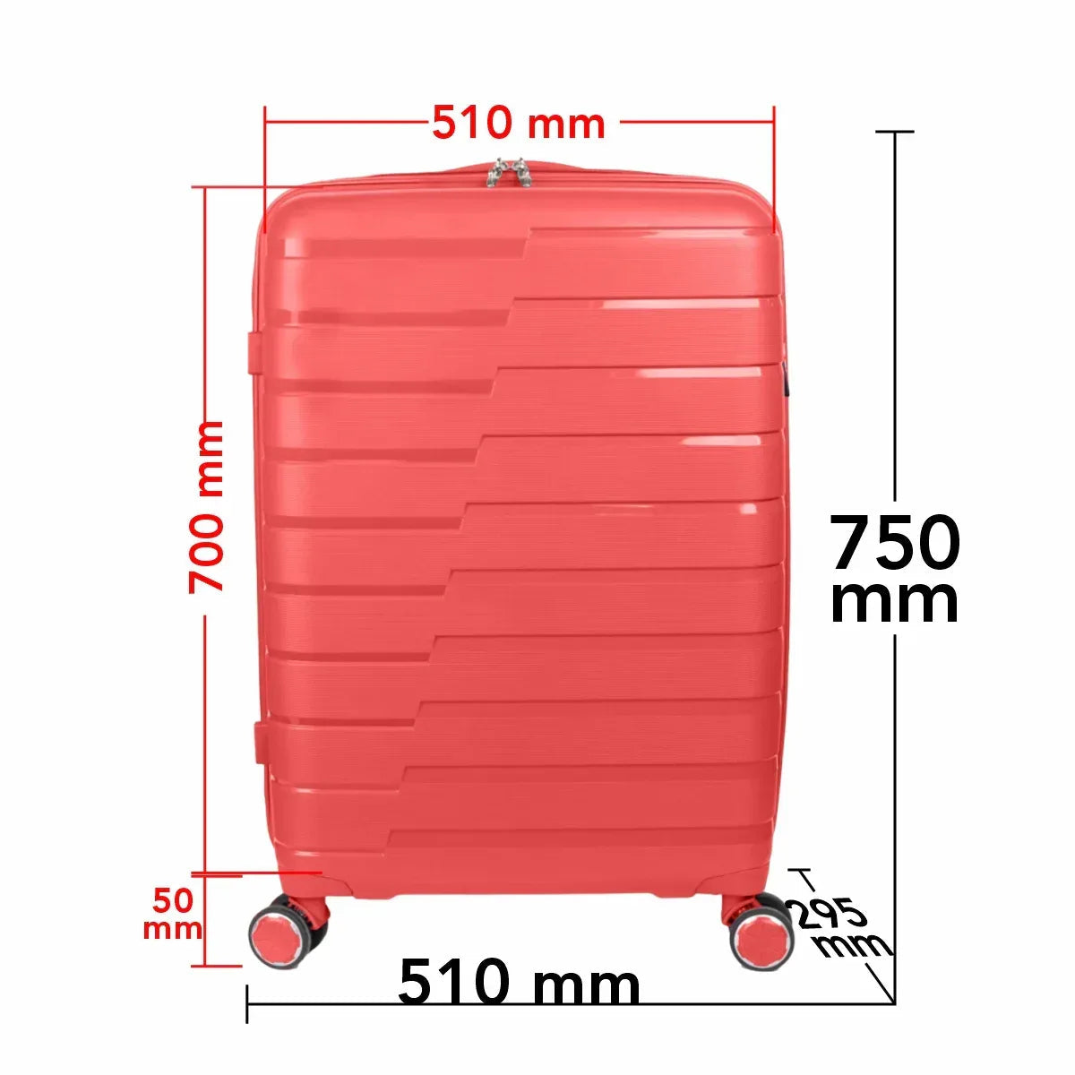 Troler voiaj Mare XL, StowAway, Naimeed D5964, 4 roti duble 360 grade detasabile , PP, inchidere cifru, Rosu, 51x29.5x70cm