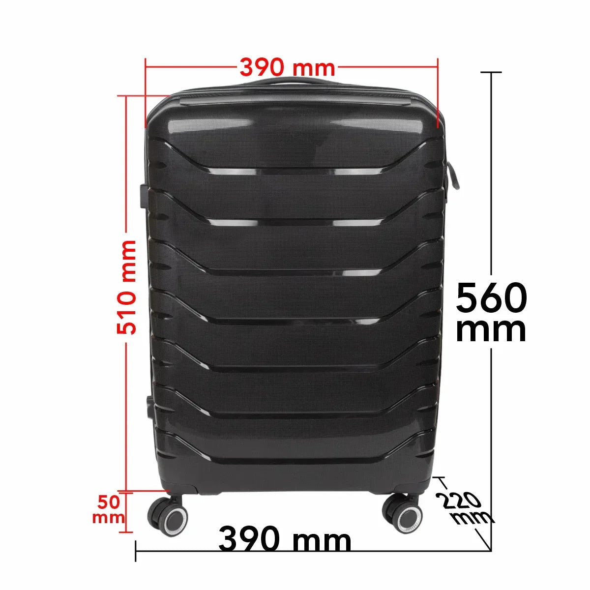 Troler voiaj Mediu M, StowAway, Naimeed D5966, 4 roti duble 360 grade detasabile , PP, inchidere cifru, Negru, 39x22x51cm