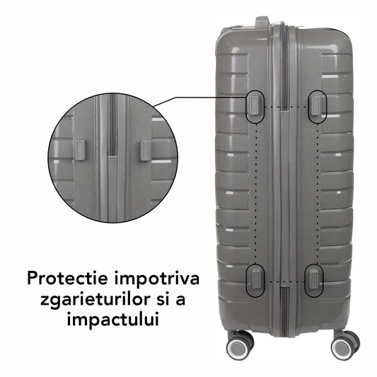 Troler voiaj Mare L, StowAway, Naimeed D5967, 4 roti duble 360 grade, PP, inchidere cifru, Gri, 44x26x61cm