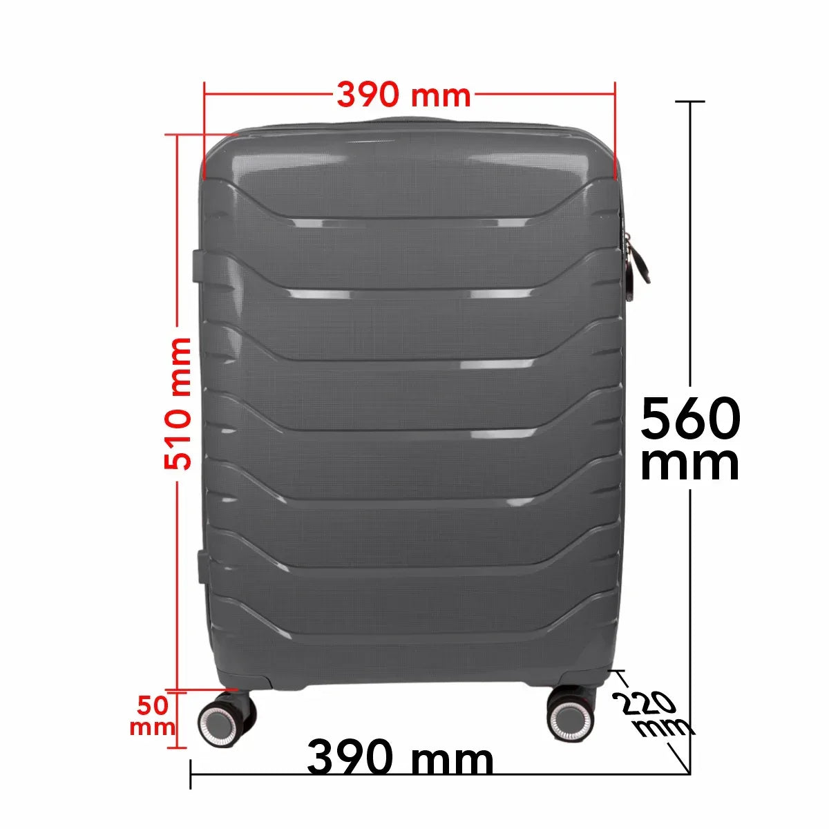 Troler voiaj Mediu M, StowAway, Naimeed D5967, 4 roti duble 360 grade, PP, inchidere cifru, Gri, 39x22x51cm