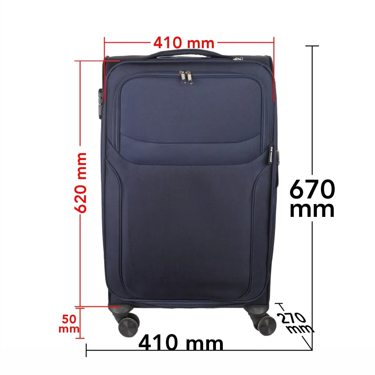 Troler voiaj Mediu, Naimeed D5972, 4 roti duble 360 grade, material textil, inchidere cifru, Albastru, 41x27x62cm